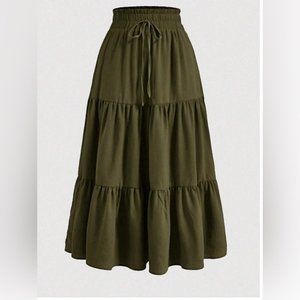 Army Green Boho Tiered Ruched Skirt